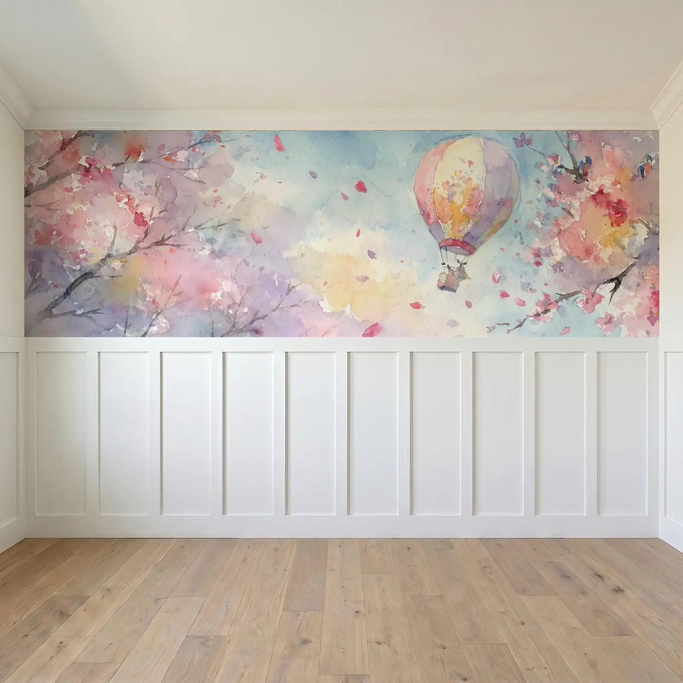 Full panel view of Balloon Cherry Blossom Sky Wainscoting Wallpaper by Whimsy Tots