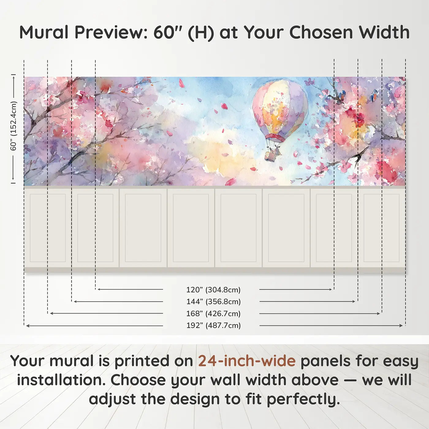 Panel dimensions for Balloon Cherry Blossom Sky Wainscoting Wallpaper by Whimsy Tots