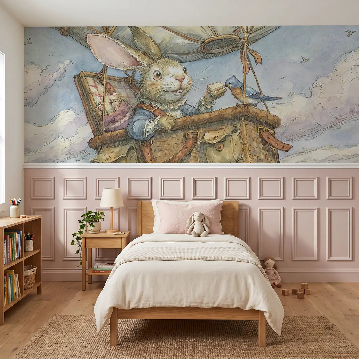 Storybook rabbit balloon picnic basket wainscoting wallpaper for bedroom by Whimsy Tots.