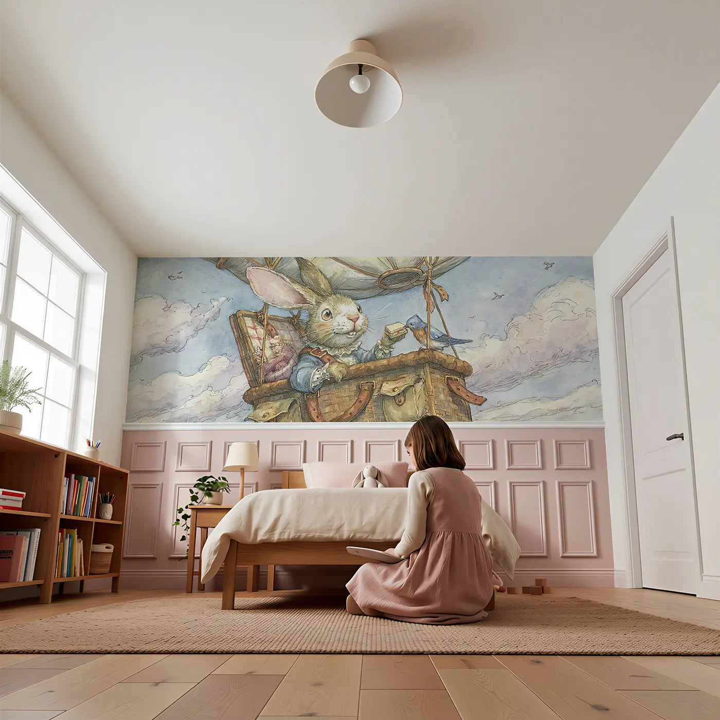 Child reading near Rabbit Balloon Picnic Basket Wainscoting Wallpaper by Whimsy Tots