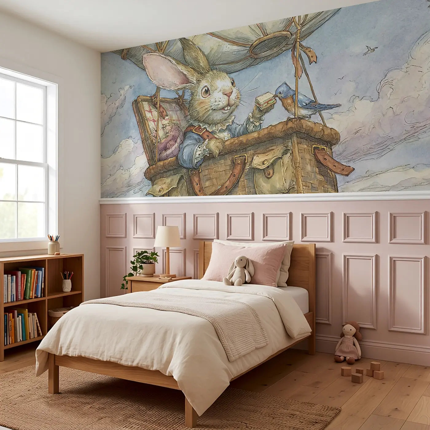 Rabbit Balloon Picnic Basket Wainscoting Wallpaper styled in a kids bedroom by Whimsy Tots