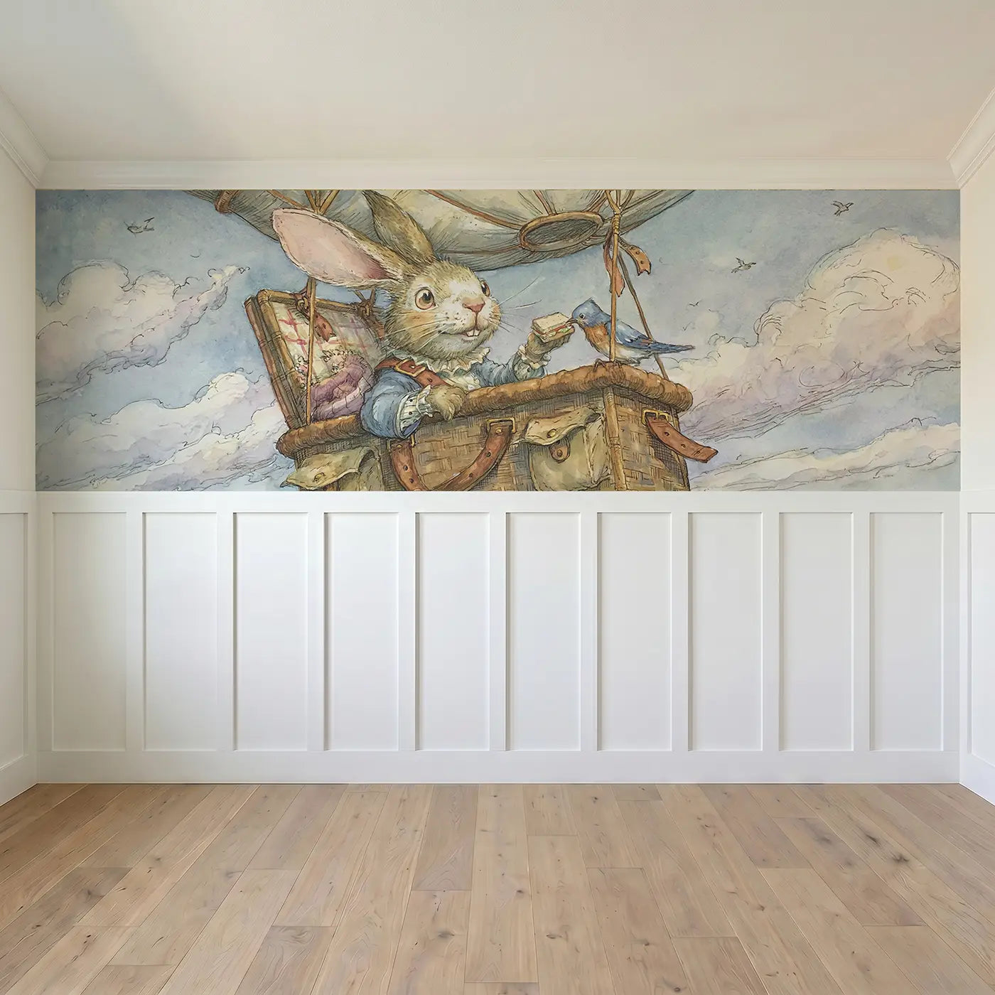 Full panel view of Rabbit Balloon Picnic Basket Wainscoting Wallpaper by Whimsy Tots