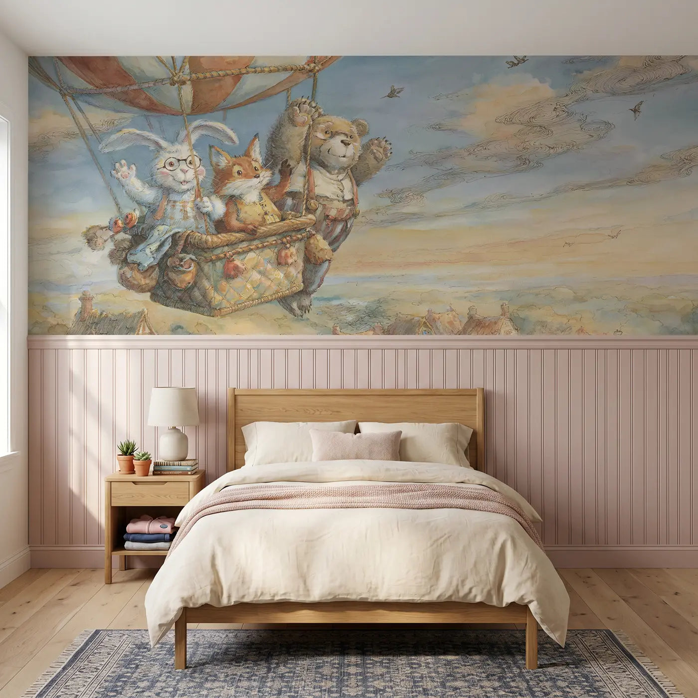 Storybook balloon ride bunny fox bear wainscoting wallpaper for bedroom by Whimsy Tots.