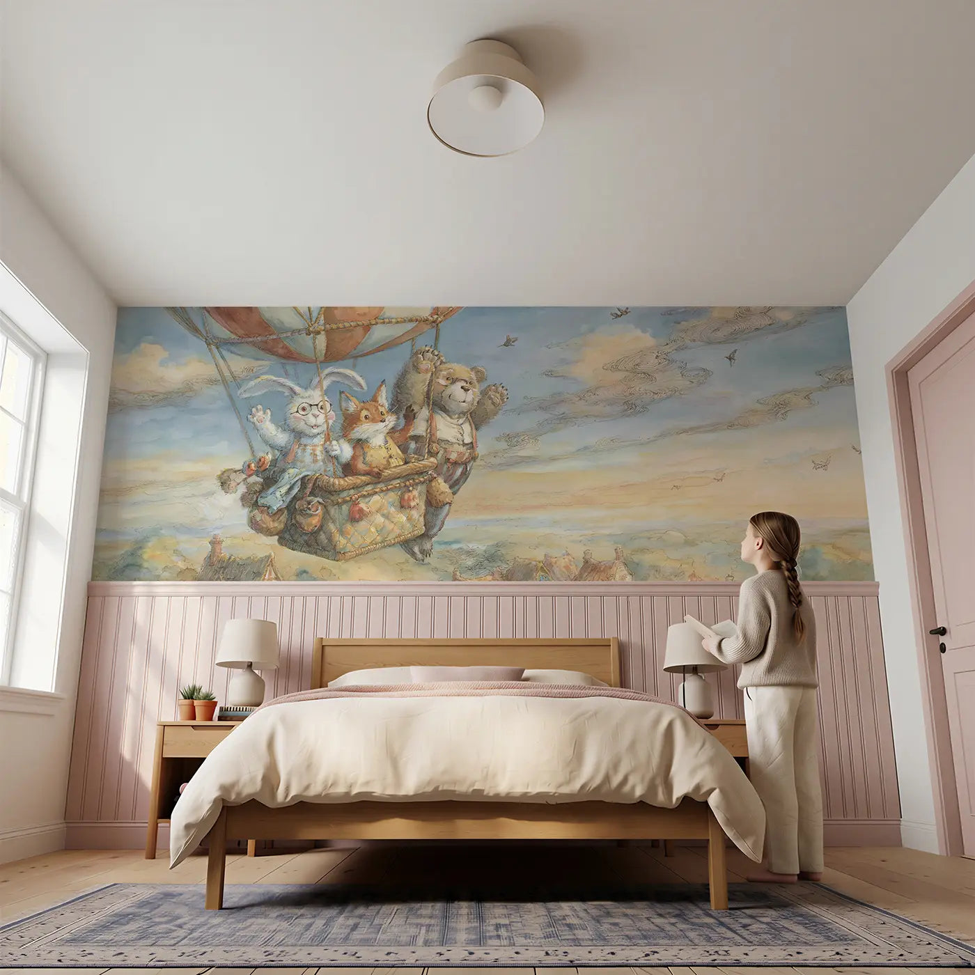 Child reading near Balloon Ride Bunny Fox Bear Wainscoting Wallpaper by Whimsy Tots