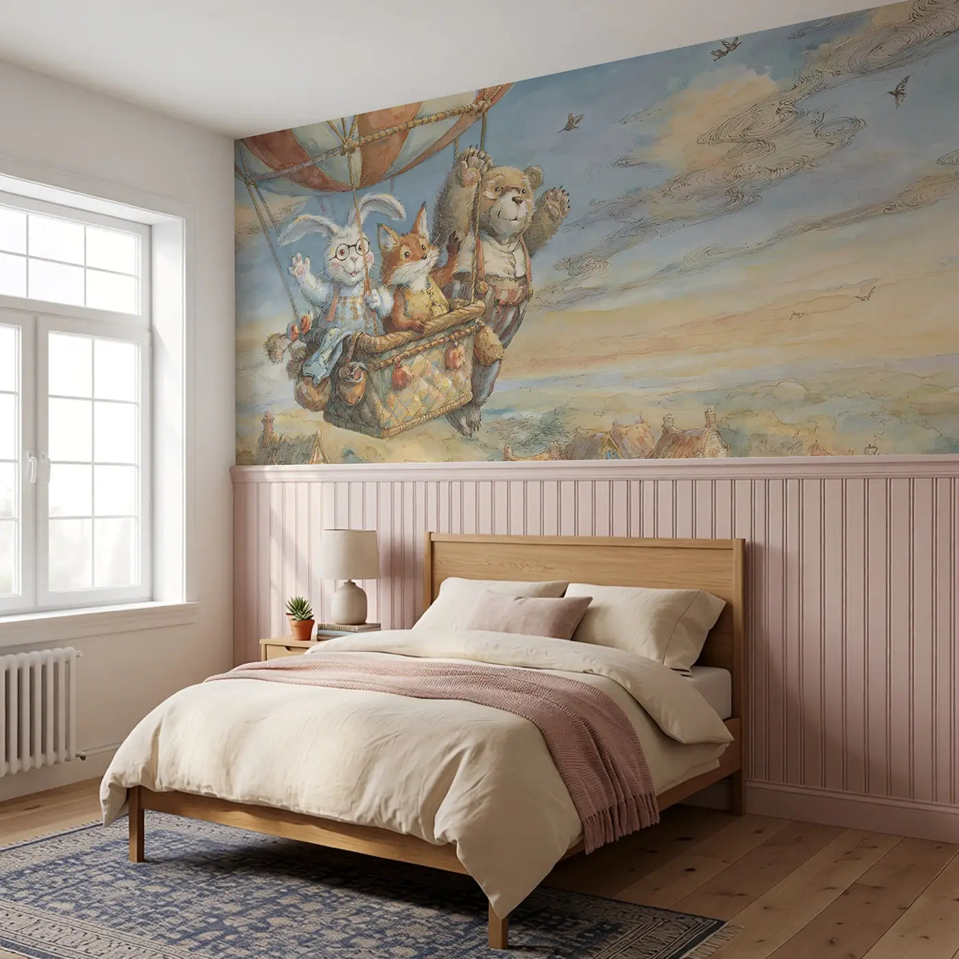 Balloon Ride Bunny Fox Bear Wainscoting Wallpaper styled in a kids bedroom by Whimsy Tots