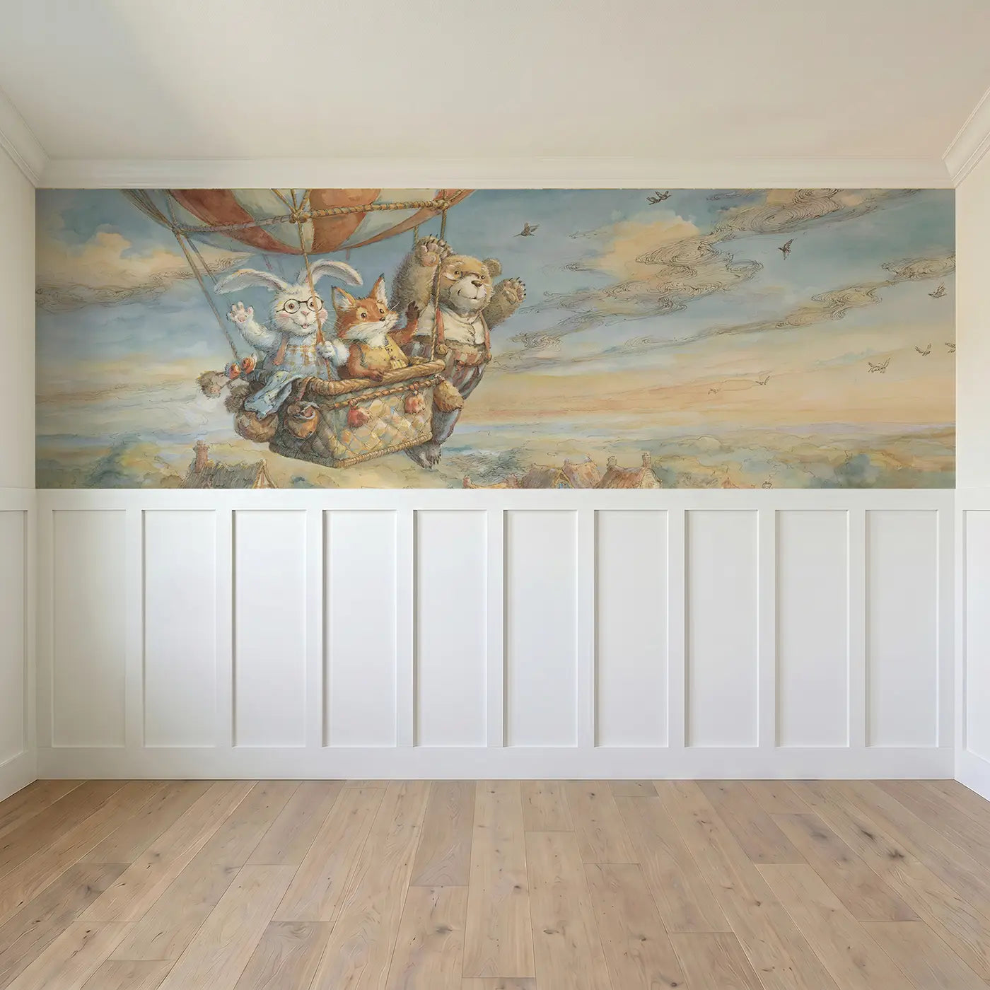 Full panel view of Balloon Ride Bunny Fox Bear Wainscoting Wallpaper by Whimsy Tots