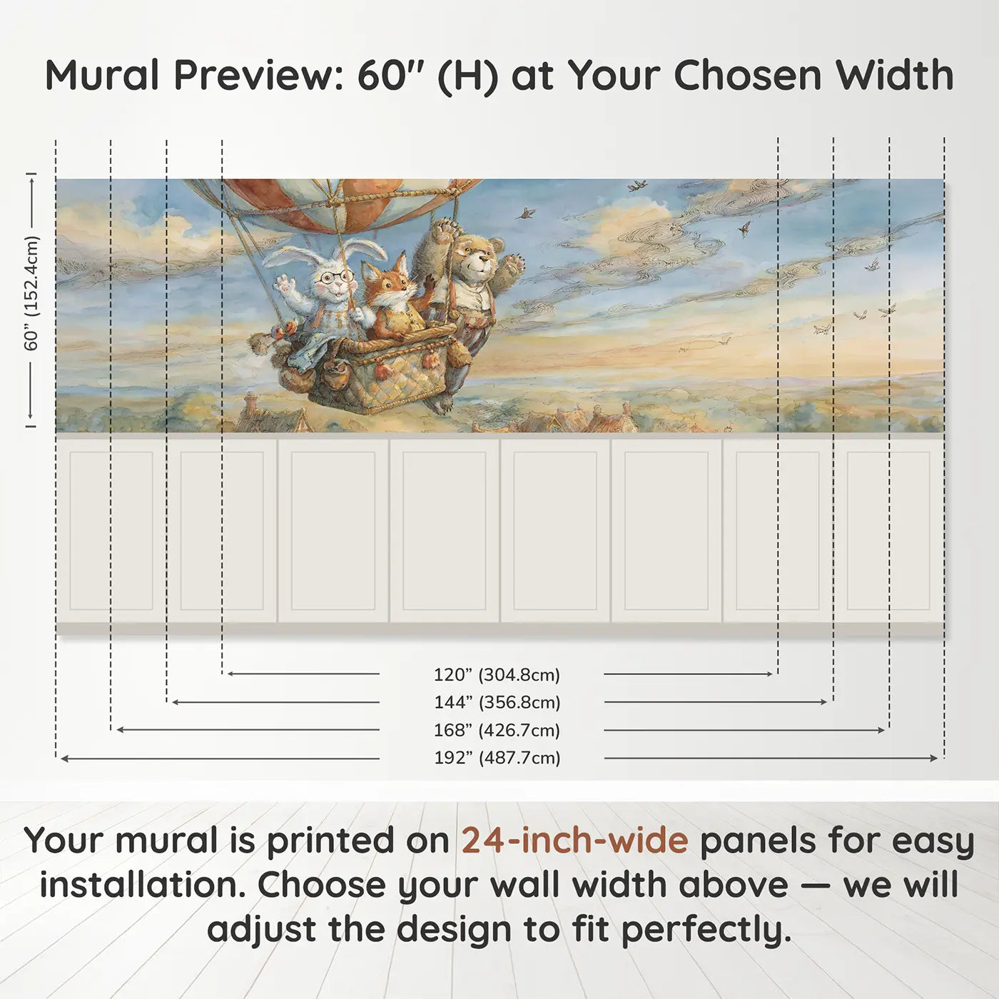 Panel dimensions for Balloon Ride Bunny Fox Bear Wainscoting Wallpaper by Whimsy Tots