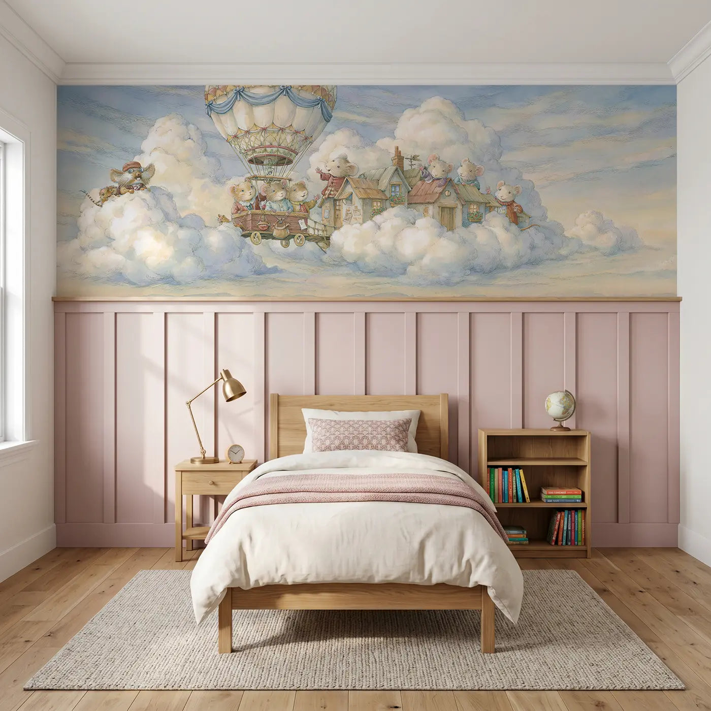 Storybook balloon sky village arrive wainscoting wallpaper for bedroom by Whimsy Tots.