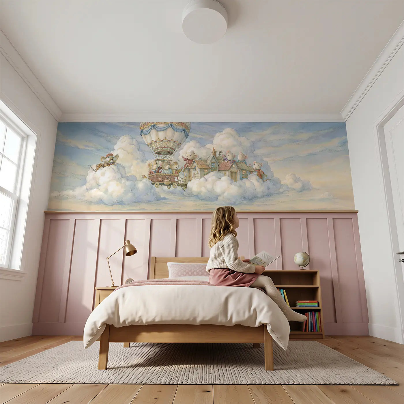 Child reading near Balloon Sky Village Arrive Wainscoting Wallpaper by Whimsy Tots