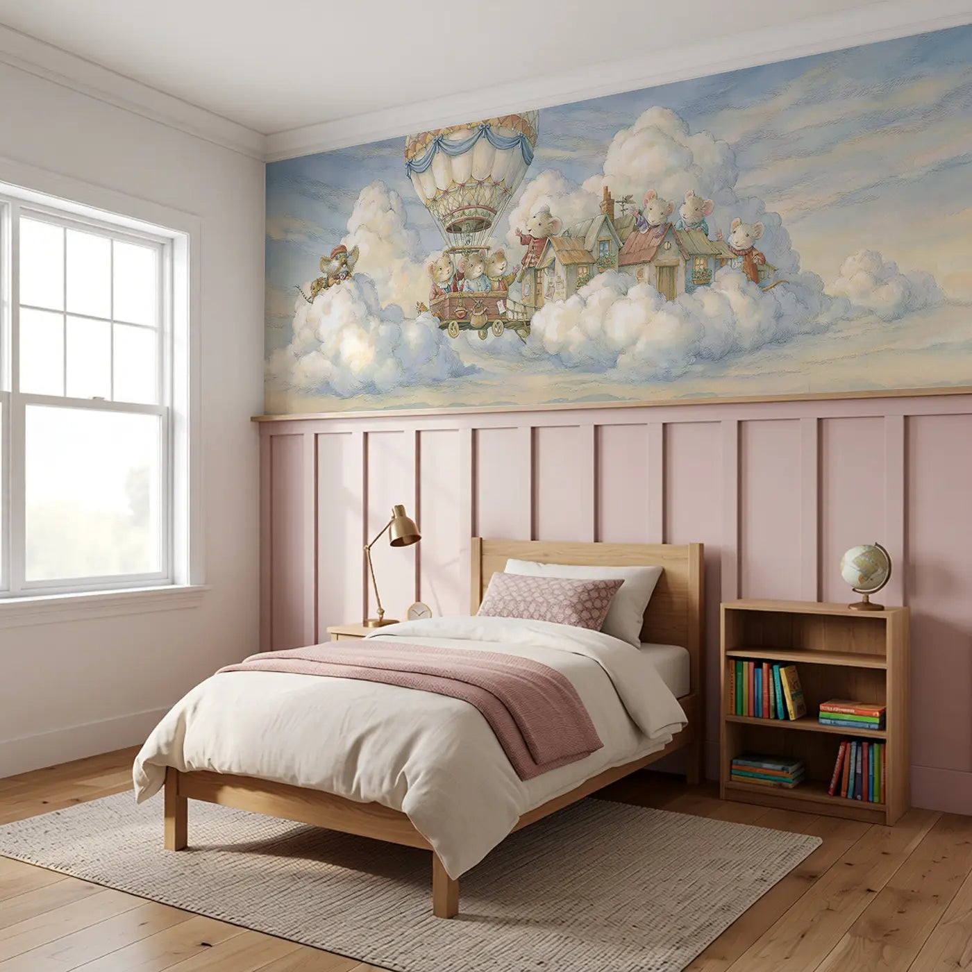 Balloon Sky Village Arrive Wainscoting Wallpaper styled in a kids bedroom by Whimsy Tots
