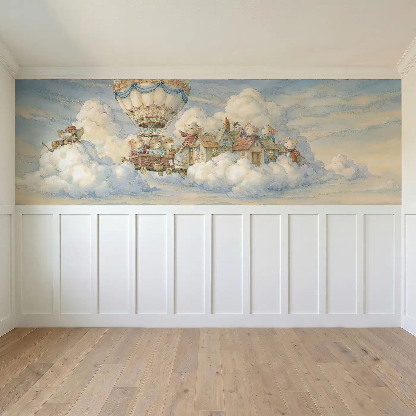 Full panel view of Balloon Sky Village Arrive Wainscoting Wallpaper by Whimsy Tots