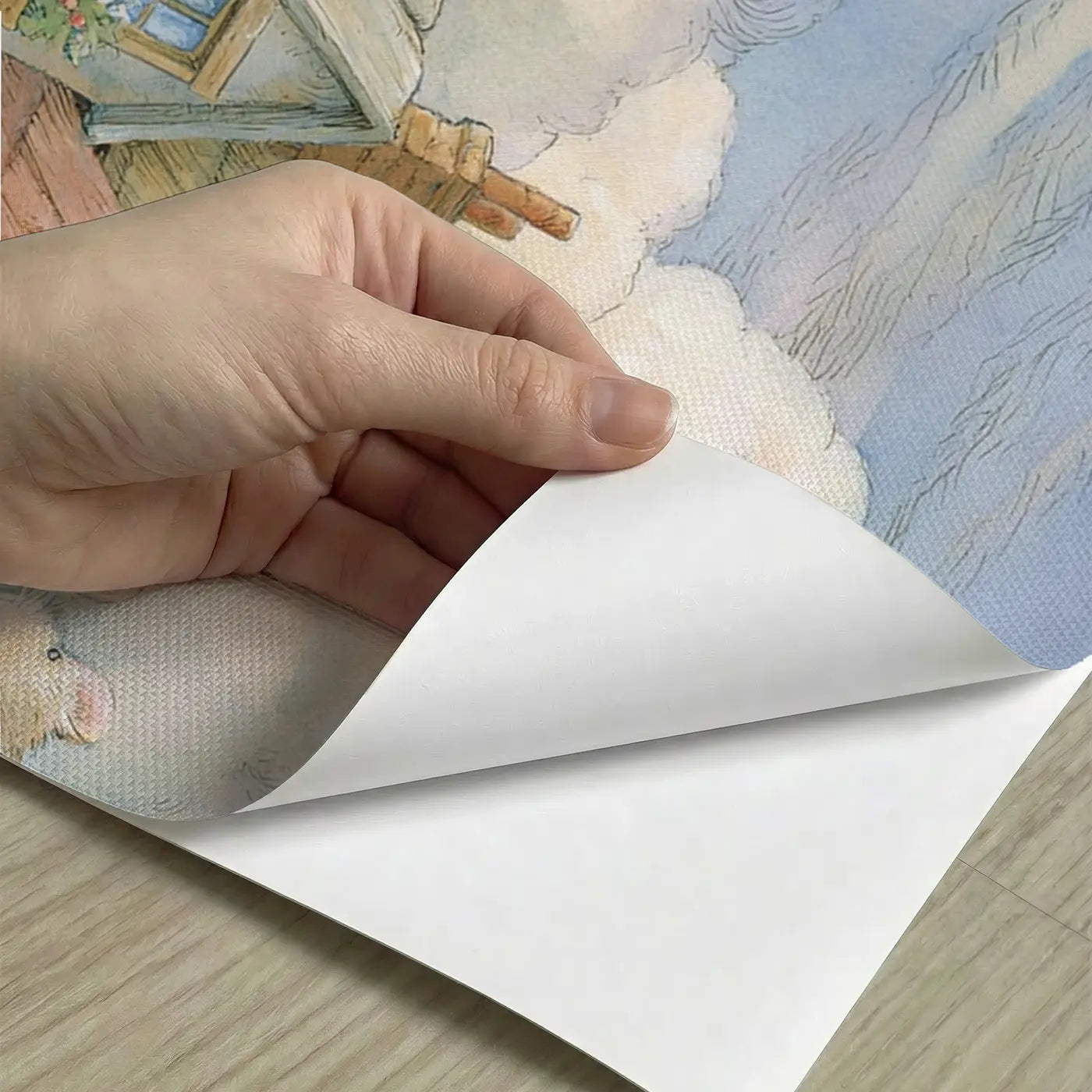 Peel-and-stick detail of Balloon Sky Village Arrive Wainscoting Wallpaper by Whimsy Tots