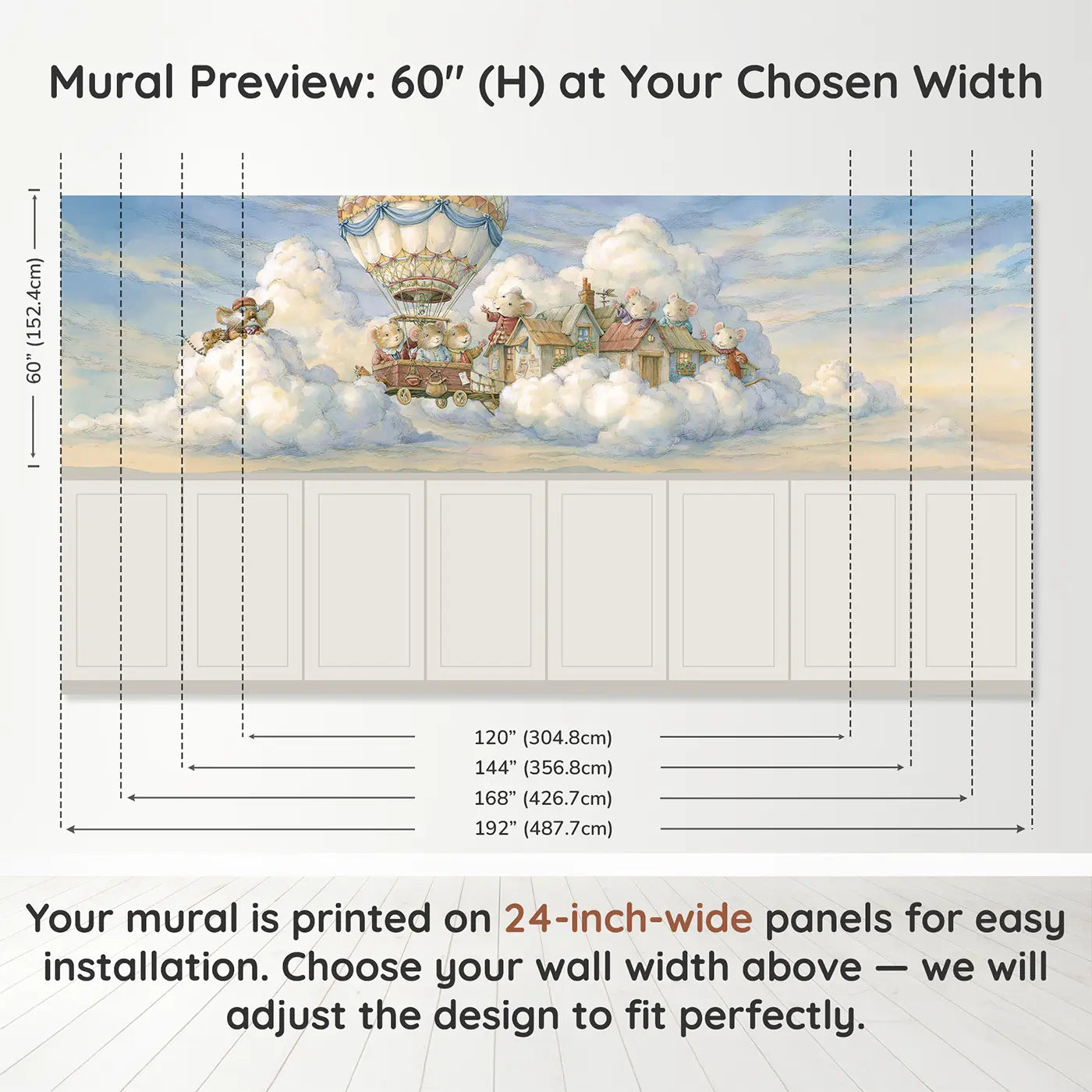 Panel dimensions for Balloon Sky Village Arrive Wainscoting Wallpaper by Whimsy Tots