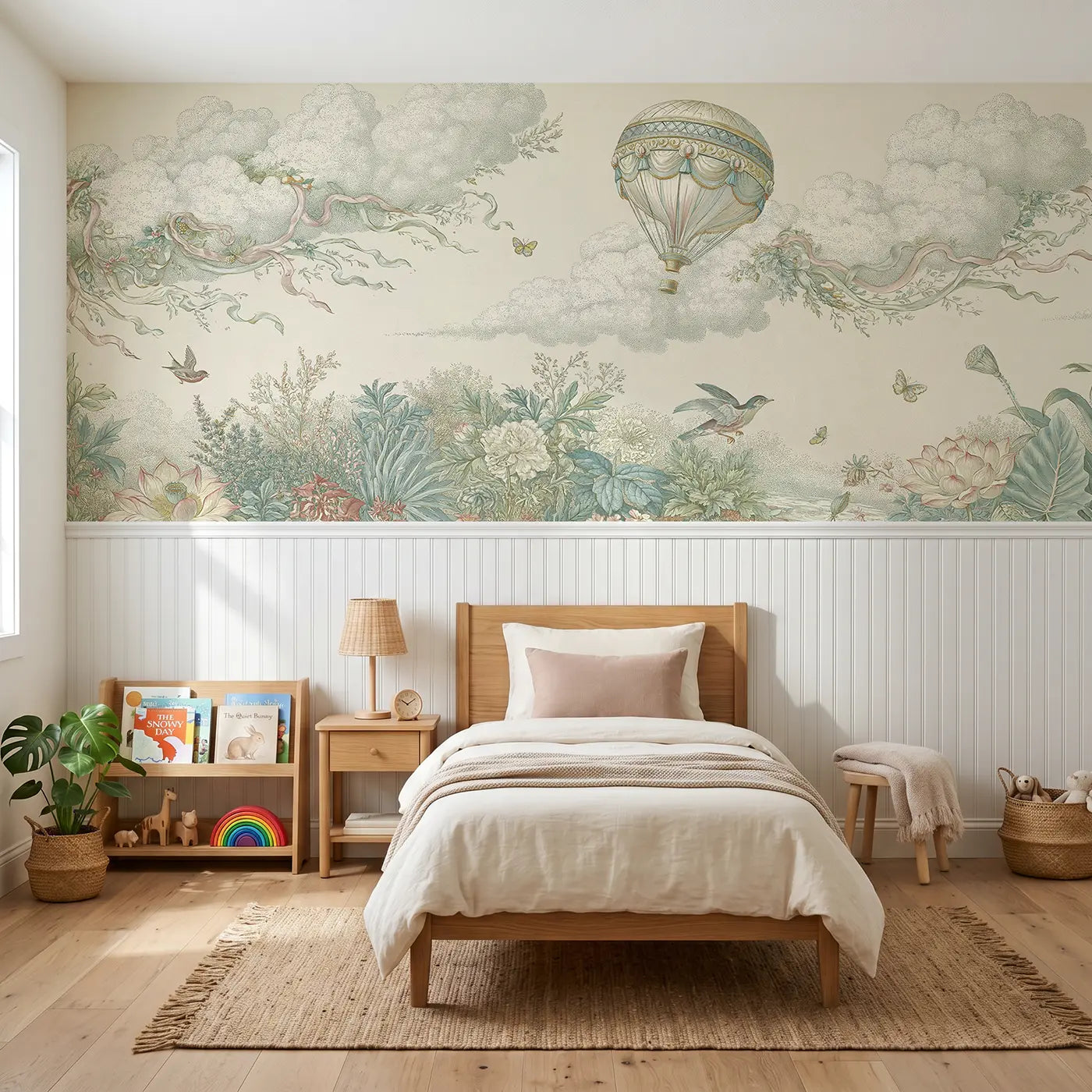 Botanical Elegance balloon garden stipple wainscoting wallpaper for bedroom by Whimsy Tots.