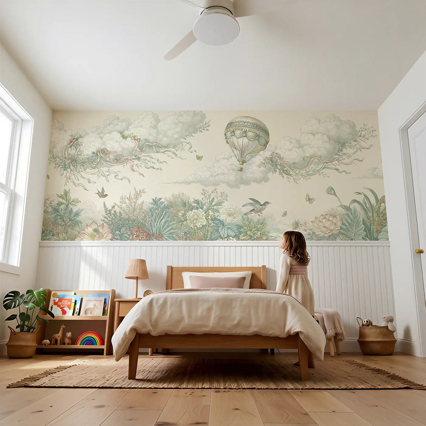 Child reading near Balloon Botanical Garden Stipple Wainscoting Wallpaper by Whimsy Tots