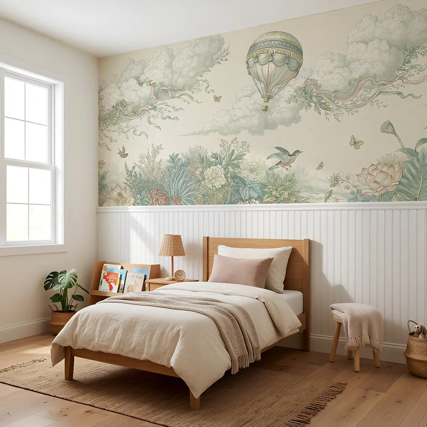 Balloon Botanical Garden Stipple Wainscoting Wallpaper styled in a kids bedroom by Whimsy Tots