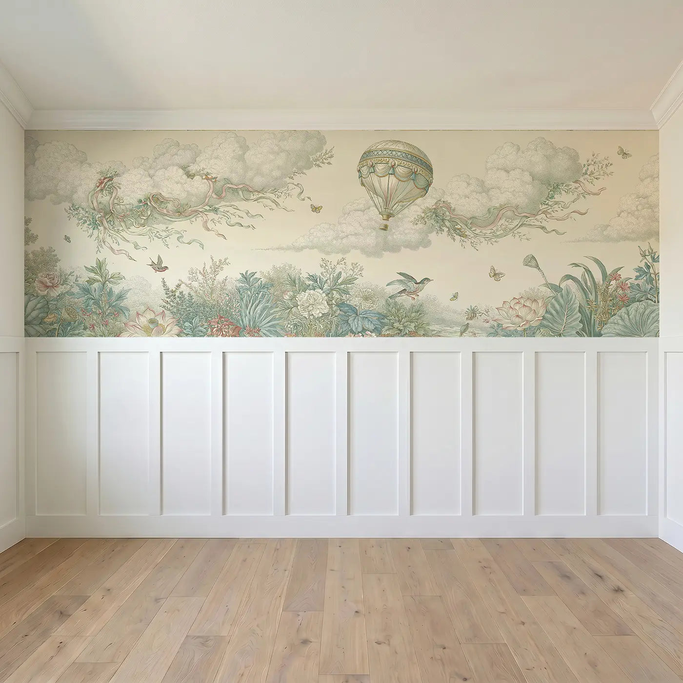 Full panel view of Balloon Botanical Garden Stipple Wainscoting Wallpaper by Whimsy Tots