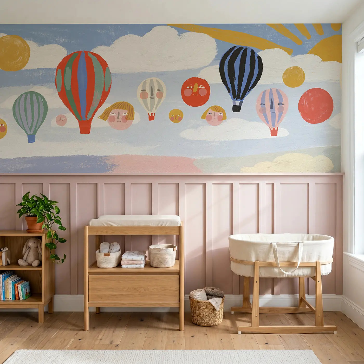 Modern Illustration balloon fleet bright wainscoting wallpaper for nursery by Whimsy Tots.