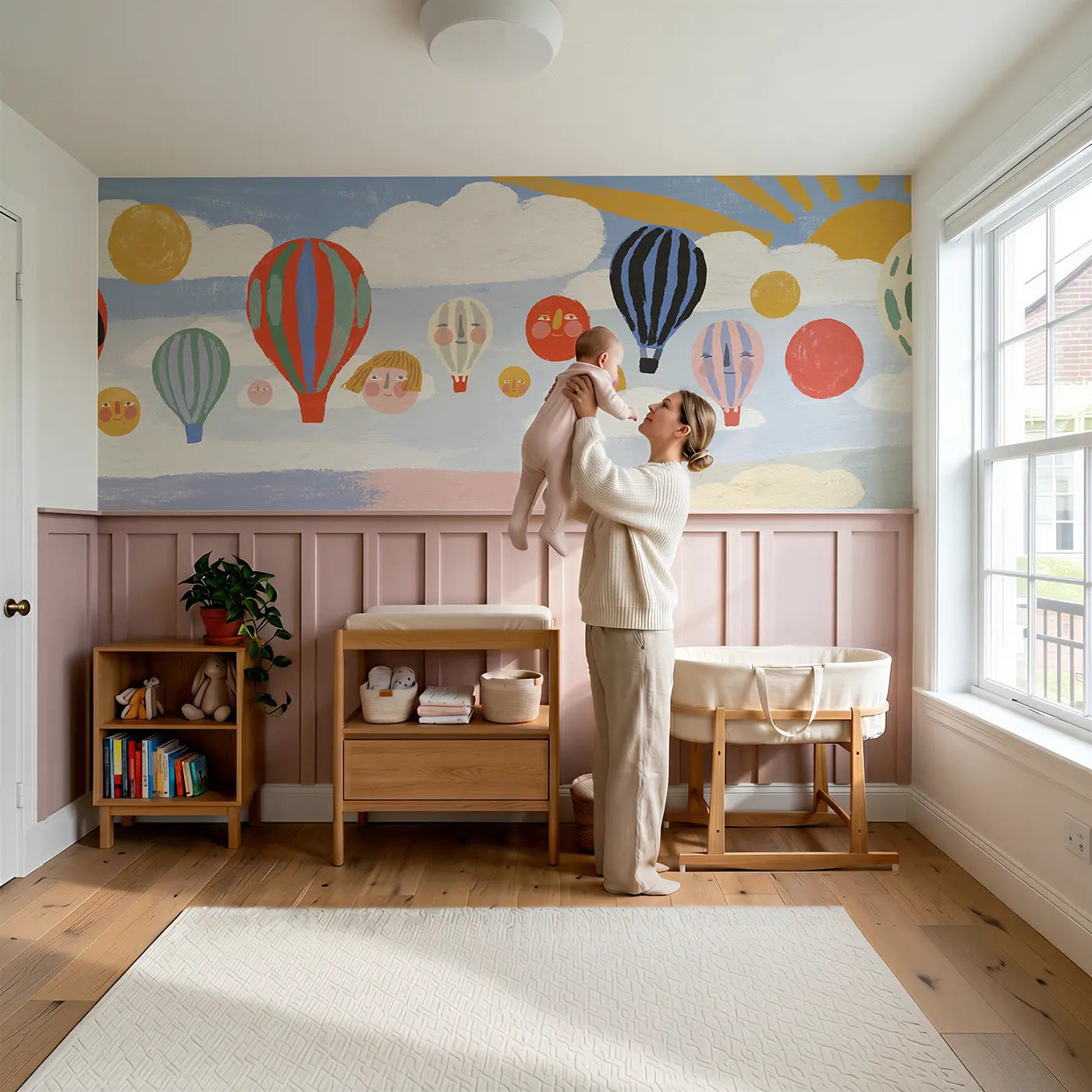 Child reading near Flat Balloon Fleet Bright Wainscoting Wallpaper by Whimsy Tots