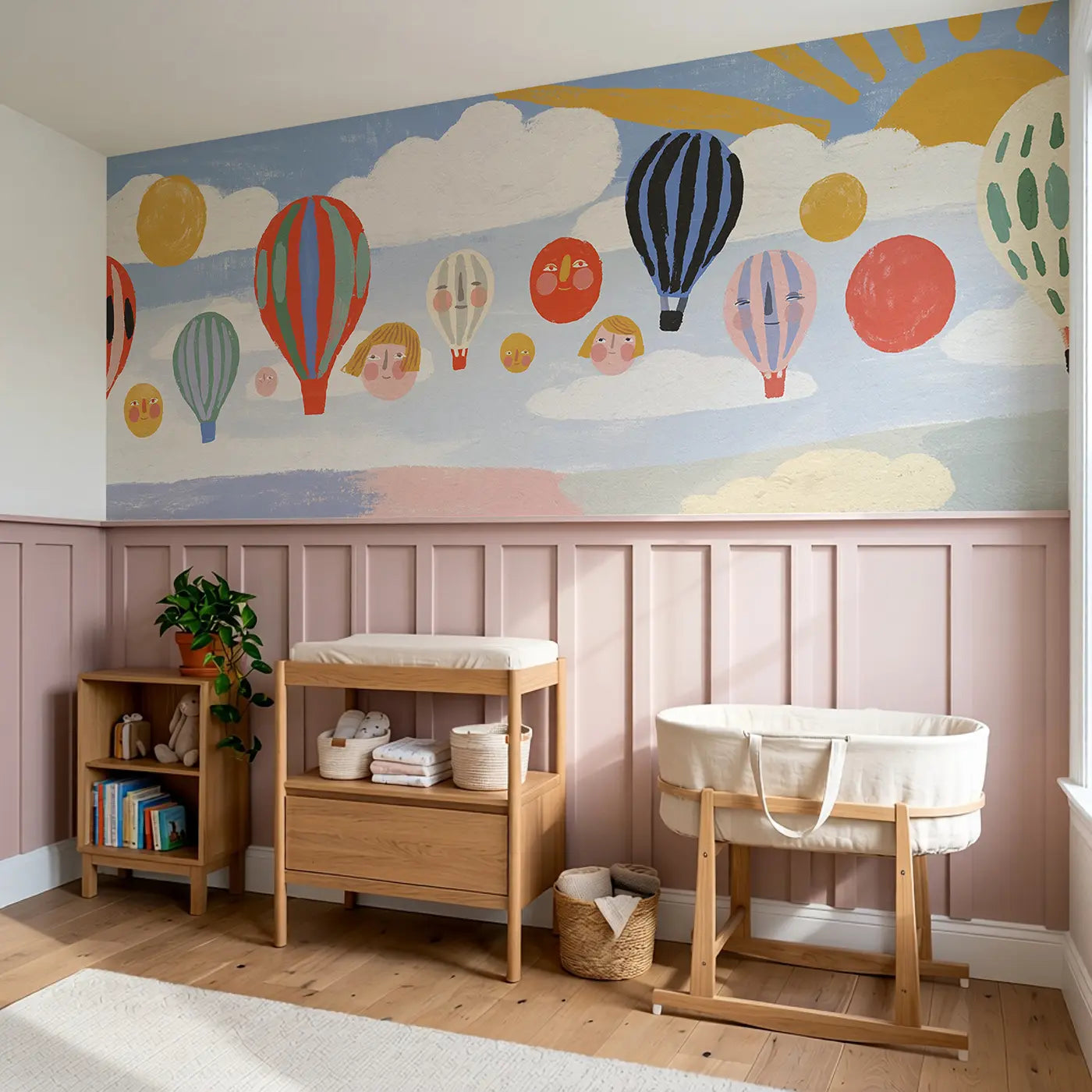 Flat Balloon Fleet Bright Wainscoting Wallpaper styled in a kids bedroom by Whimsy Tots