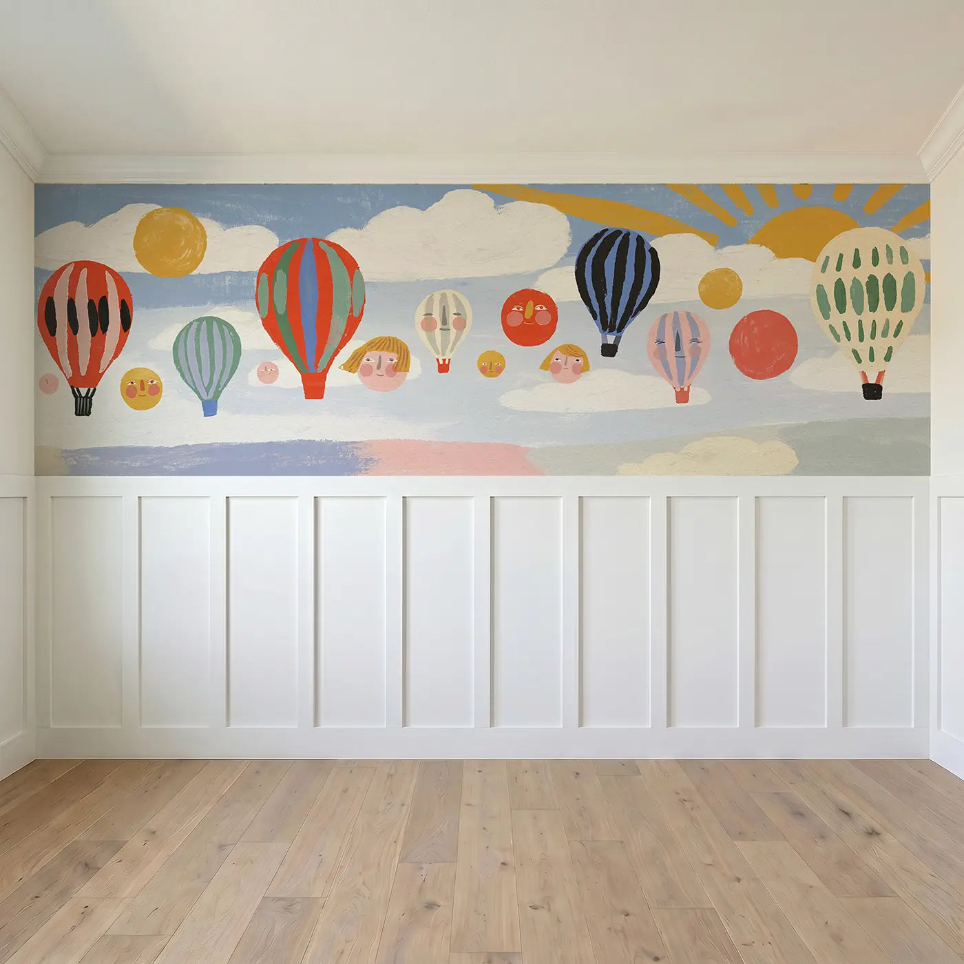 Full panel view of Flat Balloon Fleet Bright Wainscoting Wallpaper by Whimsy Tots