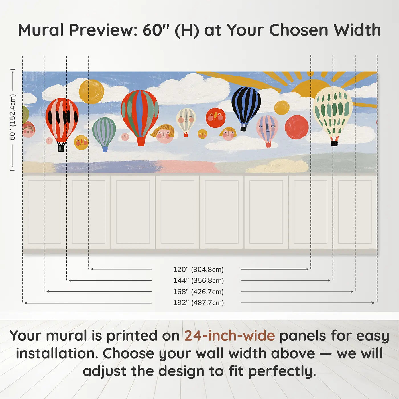 Panel dimensions for Flat Balloon Fleet Bright Wainscoting Wallpaper by Whimsy Tots