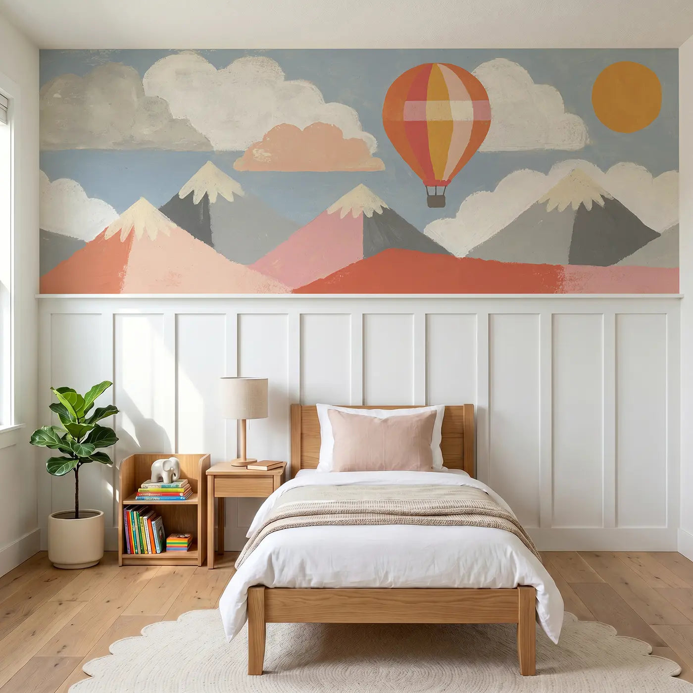 Modern Illustration balloon mountain wainscoting wallpaper for bedroom by Whimsy Tots.
