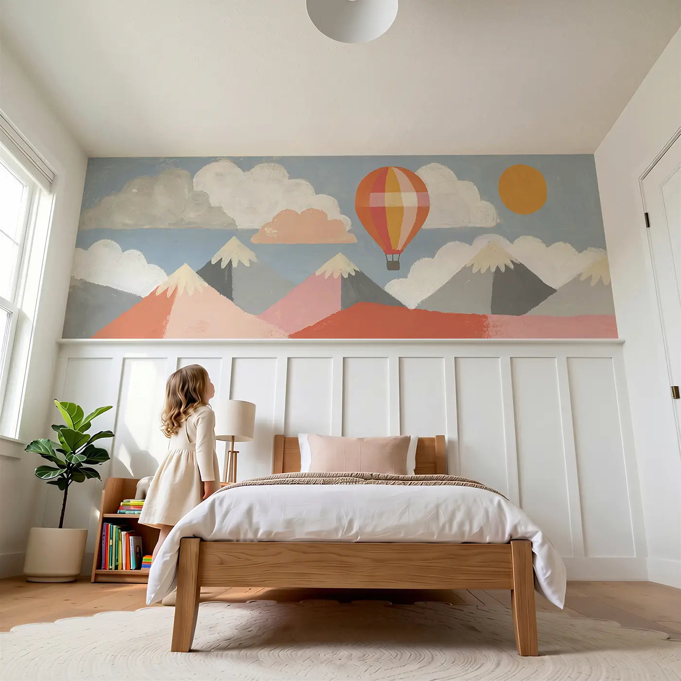 Child reading near Graphic Balloon Mountain Wainscoting Wallpaper by Whimsy Tots