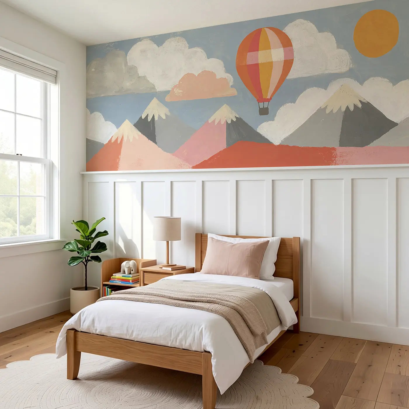 Graphic Balloon Mountain Wainscoting Wallpaper styled in a kids bedroom by Whimsy Tots