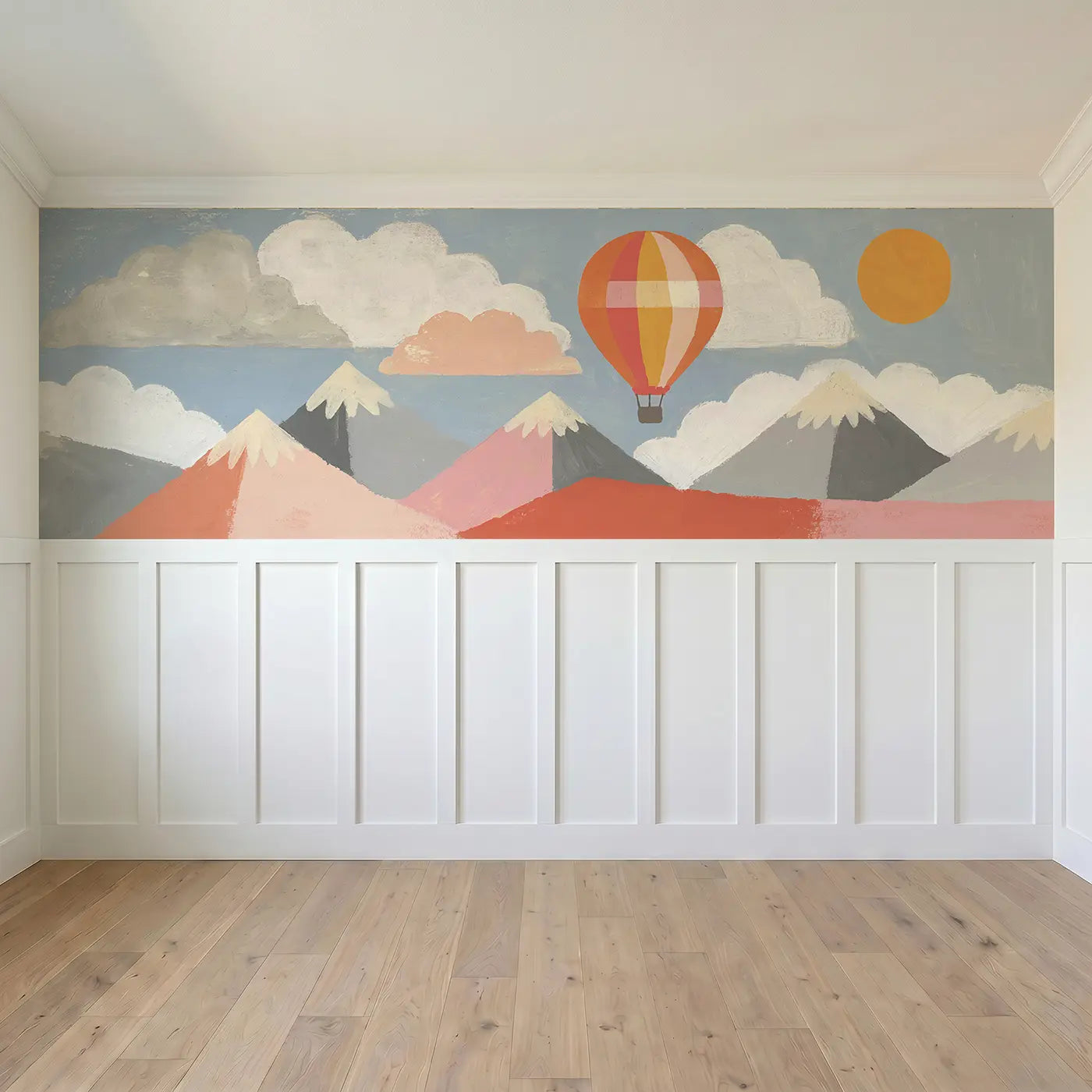 Full panel view of Graphic Balloon Mountain Wainscoting Wallpaper by Whimsy Tots