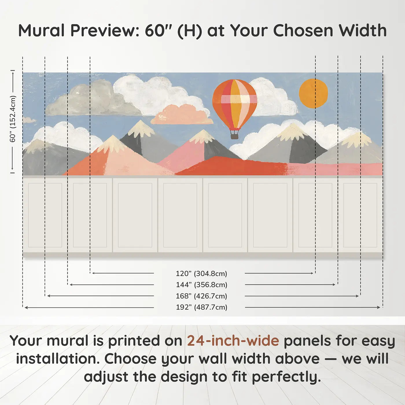 Panel dimensions for Graphic Balloon Mountain Wainscoting Wallpaper by Whimsy Tots