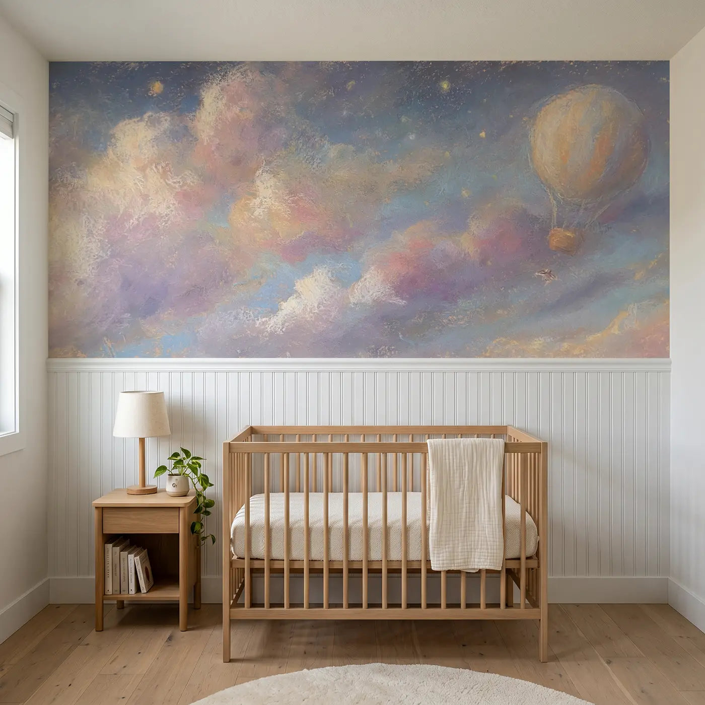 Soft Pastel balloon twilight wainscoting wallpaper for nursery by Whimsy Tots.