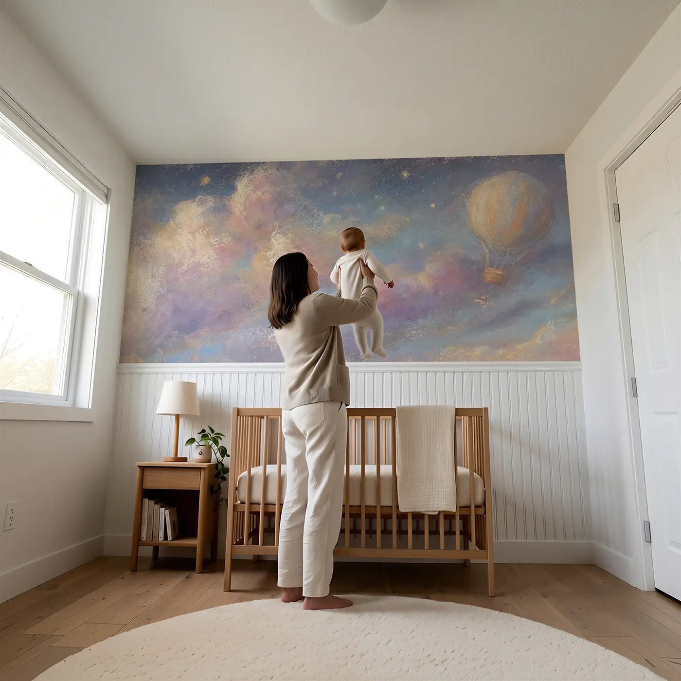 Child reading near Chalk Balloon Twilight Soft Wainscoting Wallpaper by Whimsy Tots