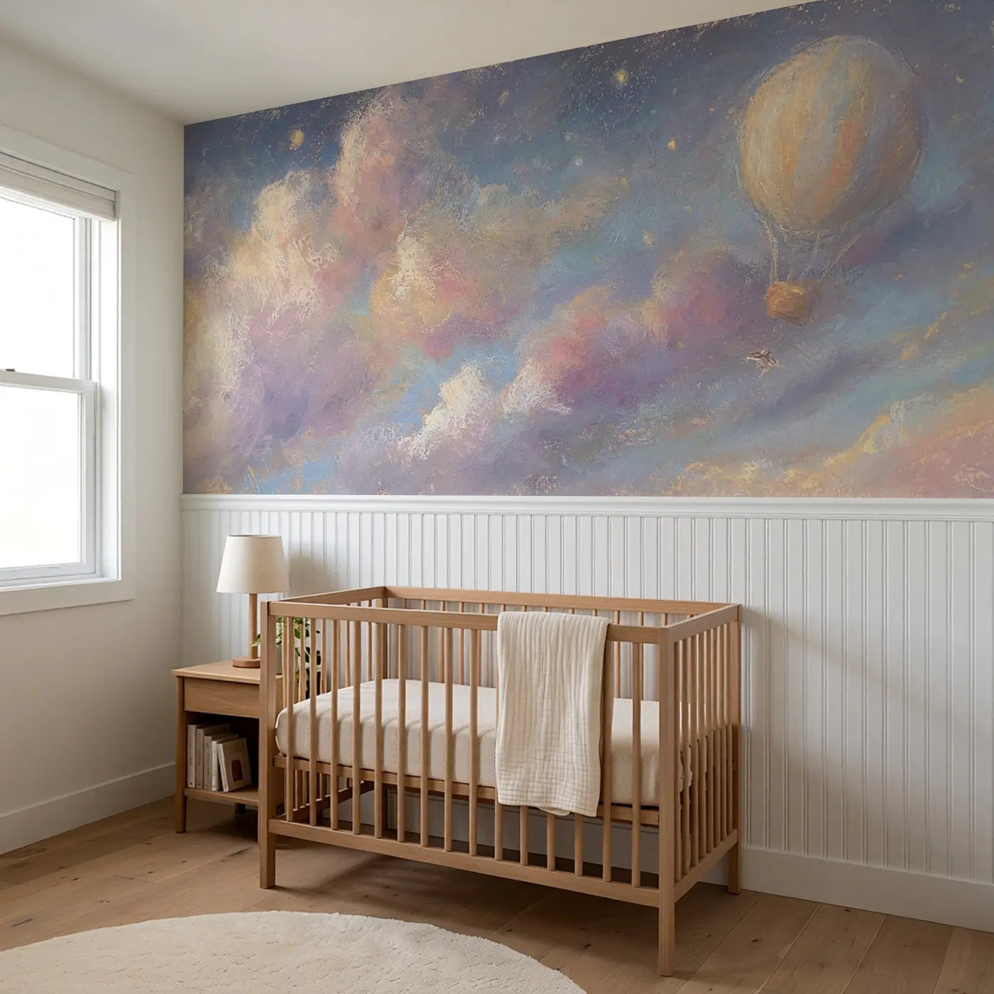 Chalk Balloon Twilight Soft Wainscoting Wallpaper styled in a kids bedroom by Whimsy Tots