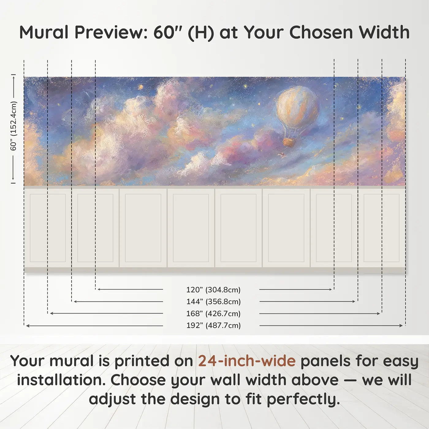Panel dimensions for Chalk Balloon Twilight Soft Wainscoting Wallpaper by Whimsy Tots