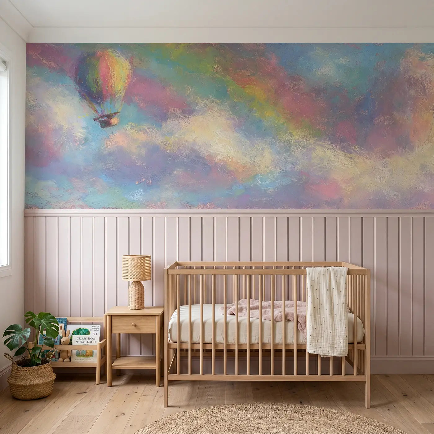 Soft Pastel balloon rainbow dream wainscoting wallpaper for nursery by Whimsy Tots.