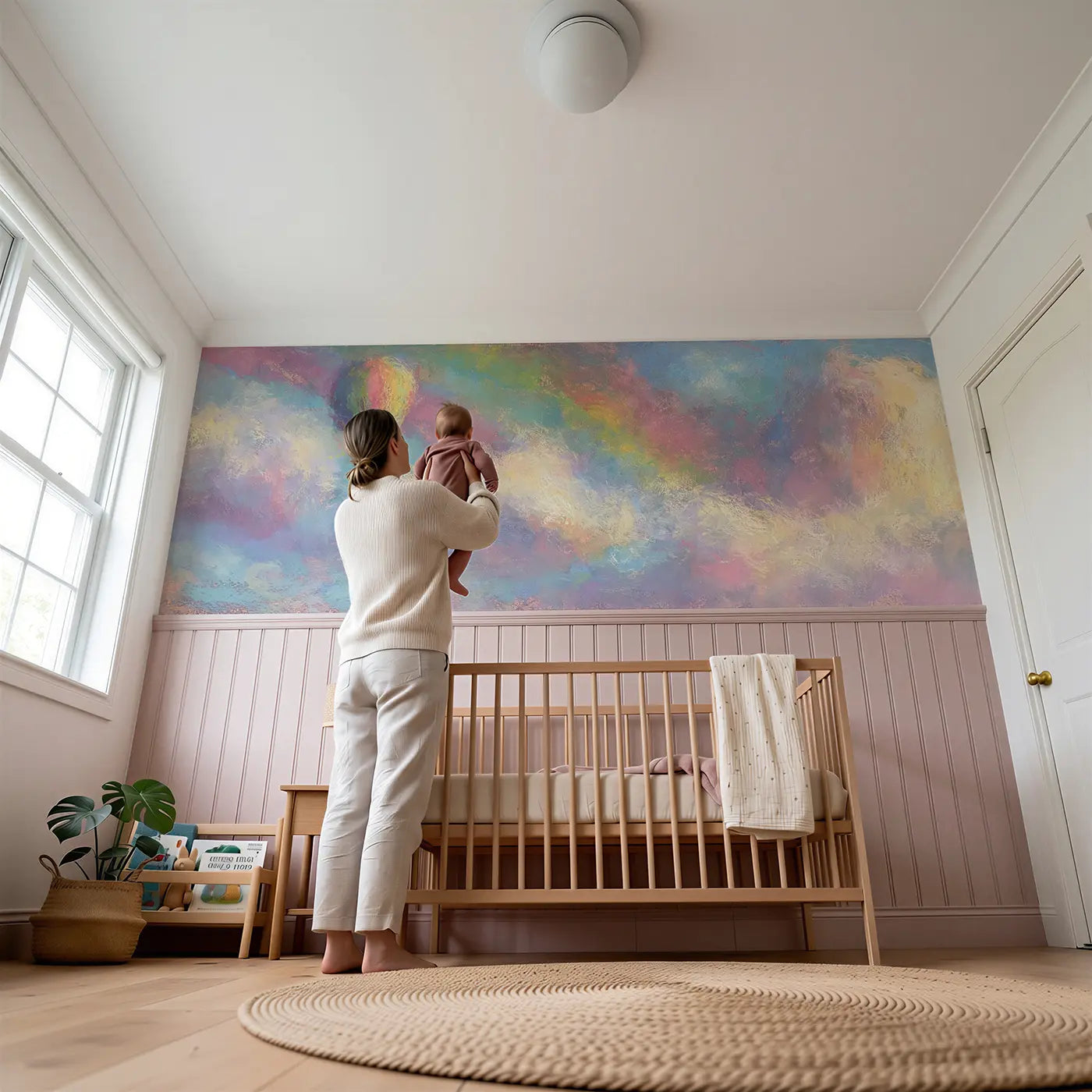 Child reading near Pastel Balloon Rainbow Dream Wainscoting Wallpaper by Whimsy Tots