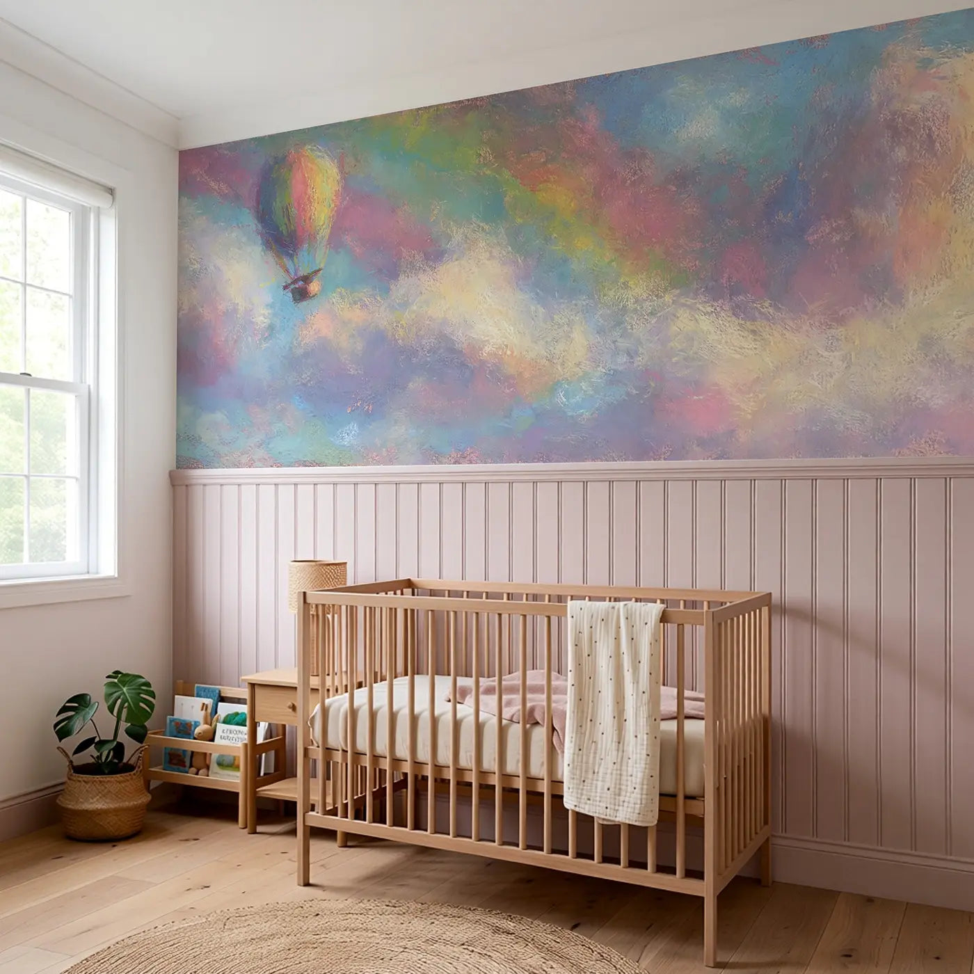 Pastel Balloon Rainbow Dream Wainscoting Wallpaper styled in a kids bedroom by Whimsy Tots