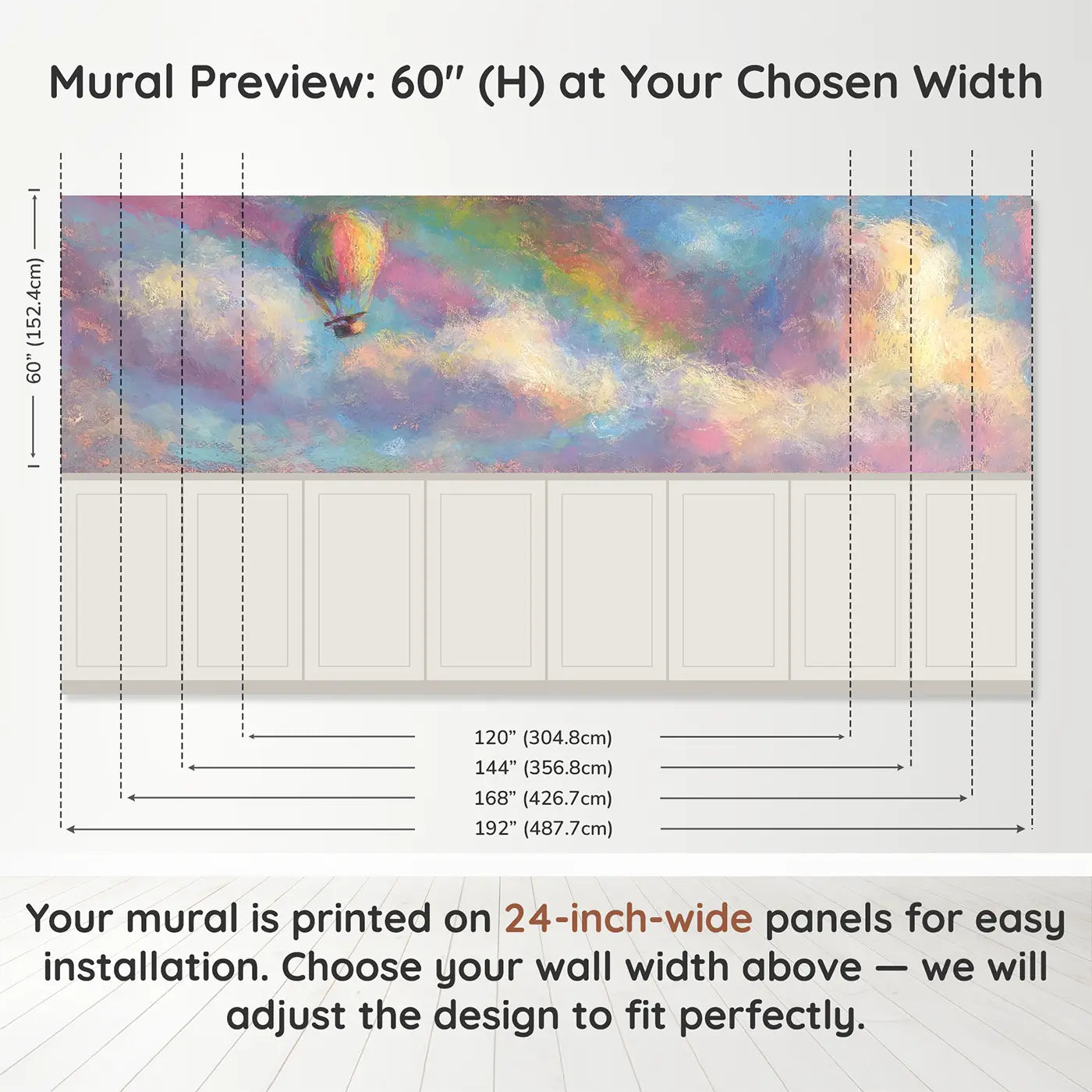 Panel dimensions for Pastel Balloon Rainbow Dream Wainscoting Wallpaper by Whimsy Tots
