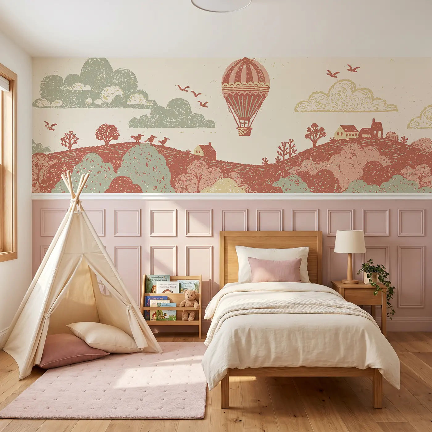 Carved Balloon Hillside Ride Wainscoting Wallpaper