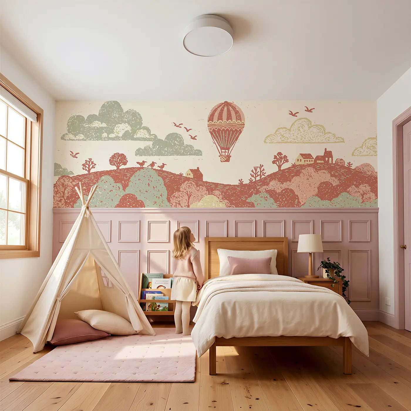 Carved Balloon Hillside Ride Wainscoting Wallpaper