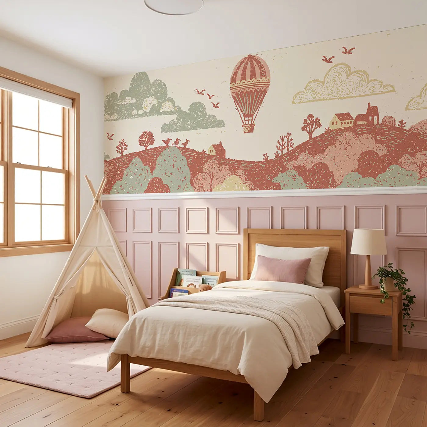 Carved Balloon Hillside Ride Wainscoting Wallpaper