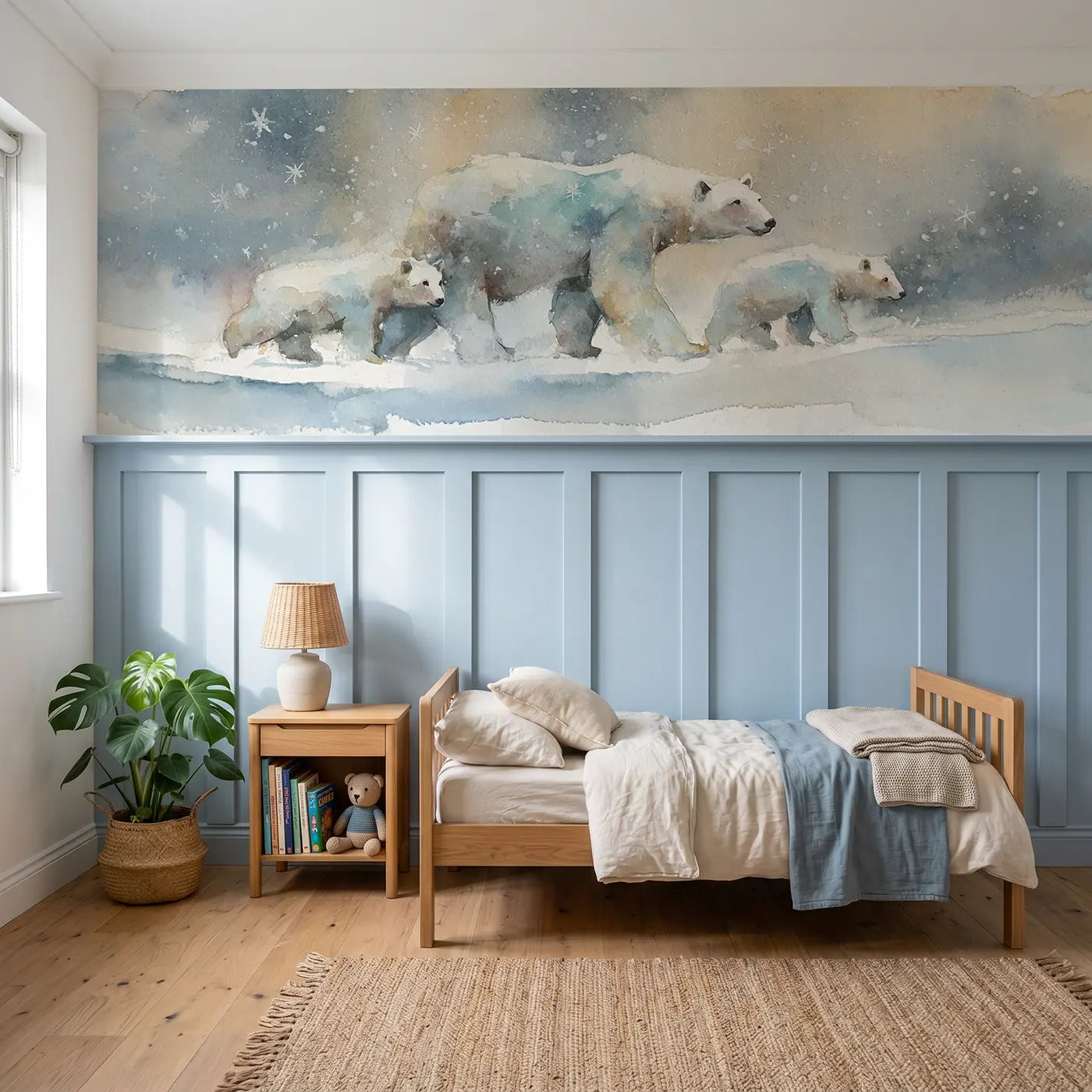 Watercolor polar bear mother cubs ice wainscoting wallpaper for nursery by Whimsy Tots.