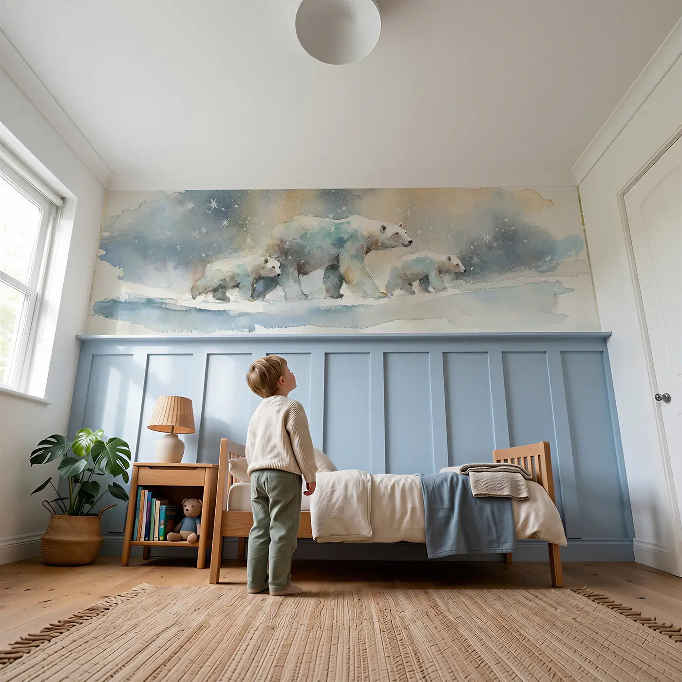 Child reading near Polar Bear Mother Cubs Ice Wainscoting Wallpaper by Whimsy Tots