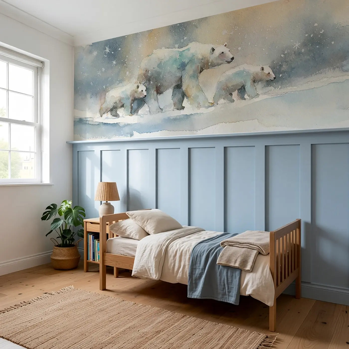 Polar Bear Mother Cubs Ice Wainscoting Wallpaper styled in a kids bedroom by Whimsy Tots