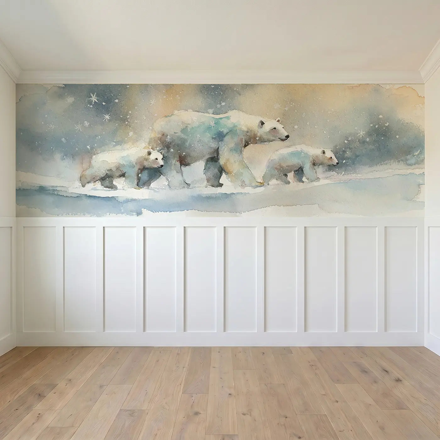 Full panel view of Polar Bear Mother Cubs Ice Wainscoting Wallpaper by Whimsy Tots