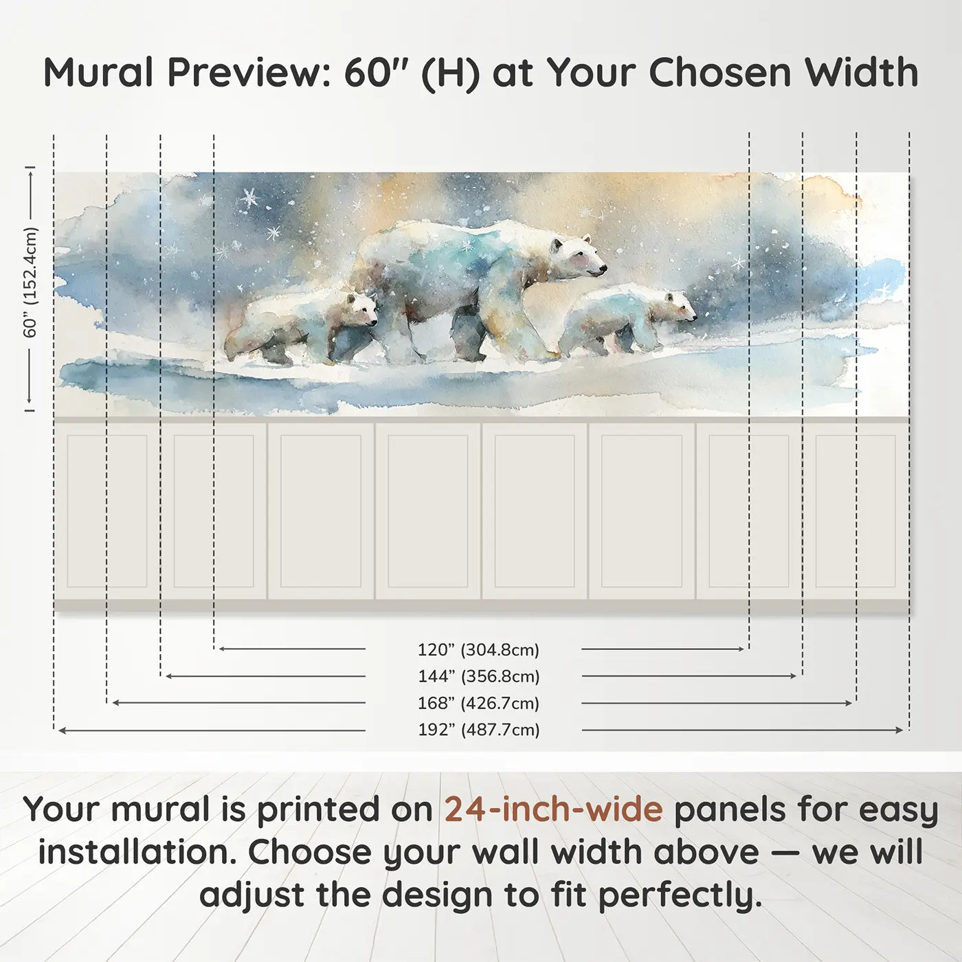 Panel dimensions for Polar Bear Mother Cubs Ice Wainscoting Wallpaper by Whimsy Tots