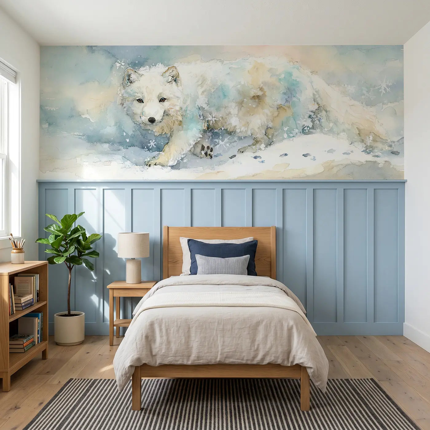 Watercolor arctic fox snow hunt wainscoting wallpaper for bedroom by Whimsy Tots.