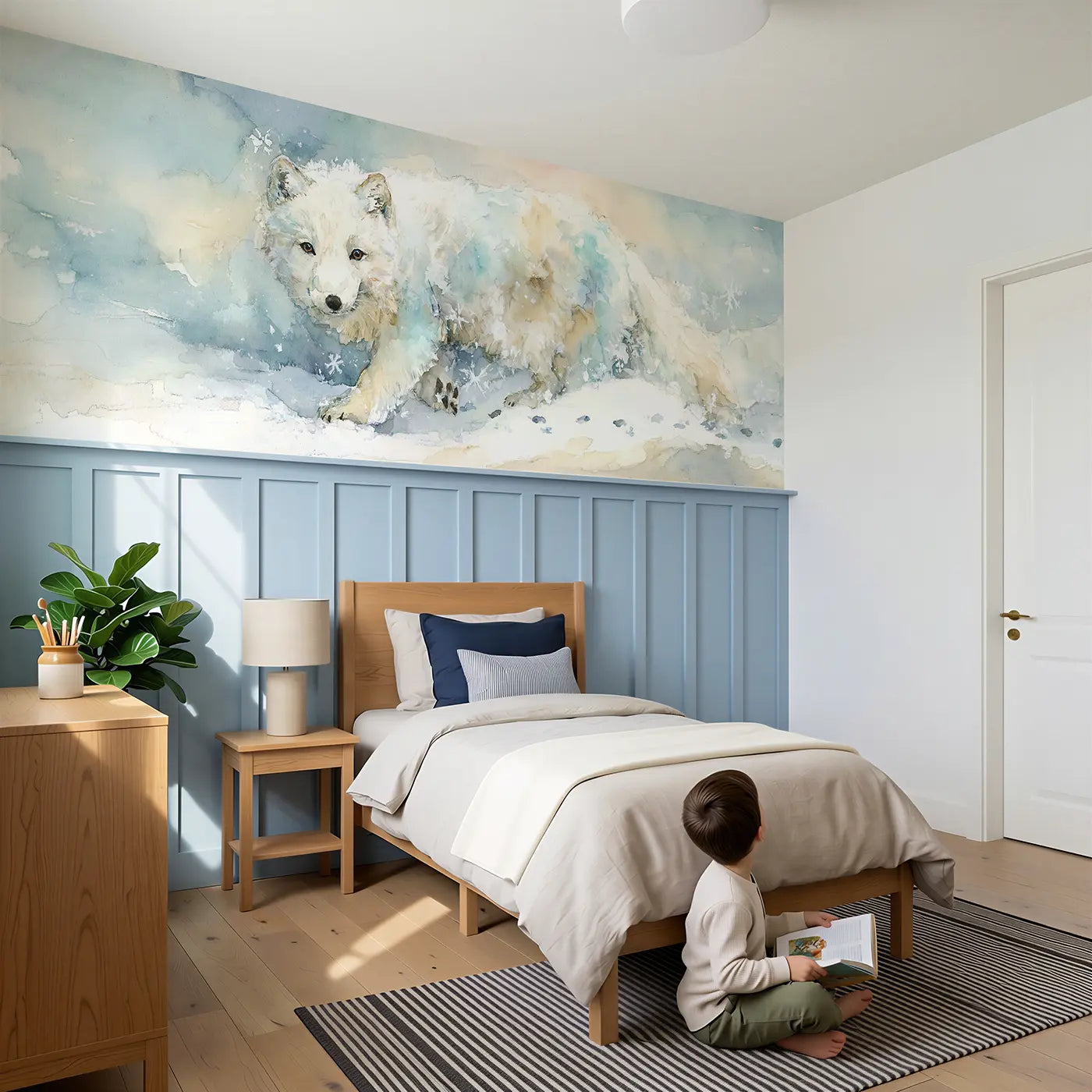 Child reading near Arctic Fox Snow Hunt Soft Wainscoting Wallpaper by Whimsy Tots