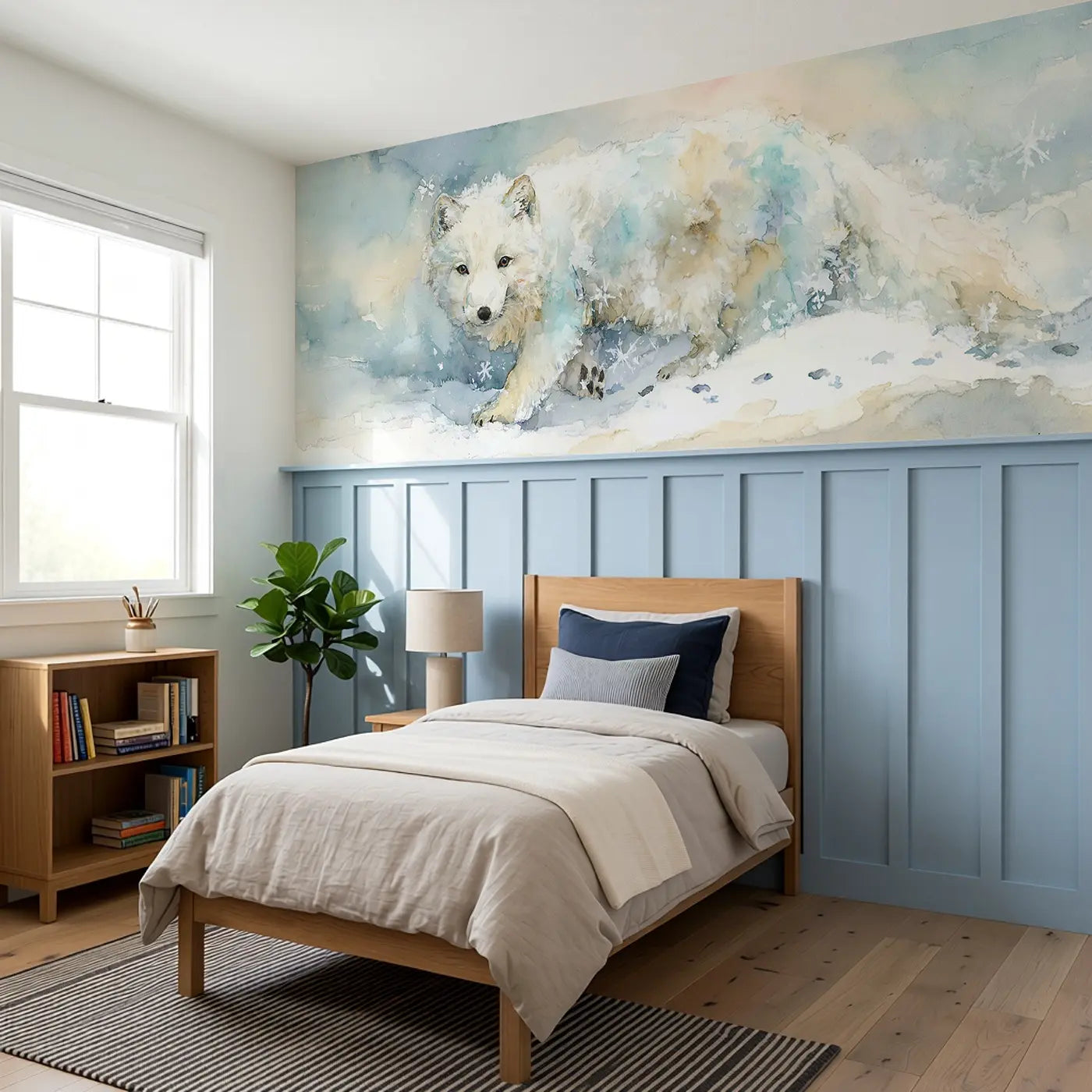 Arctic Fox Snow Hunt Soft Wainscoting Wallpaper styled in a kids bedroom by Whimsy Tots